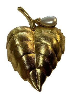 Vintage Avon Gold Tone Sachet Brooch Lapel Pin Leaf With Faux Pearl 2" Length